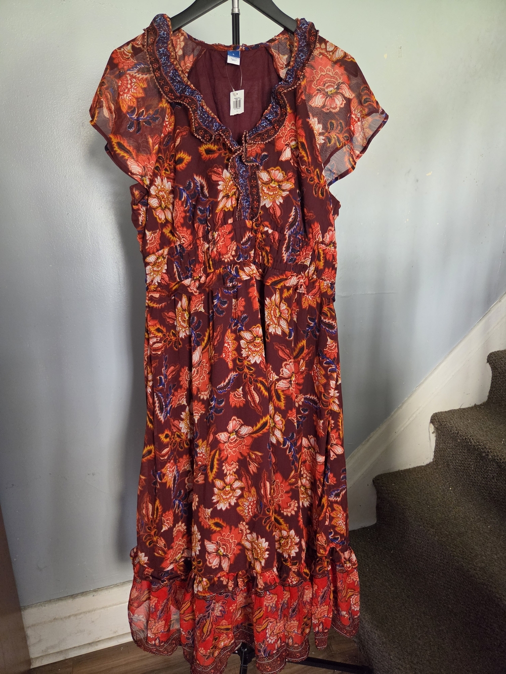Old Navy Red and Brown Floral Midi Dress